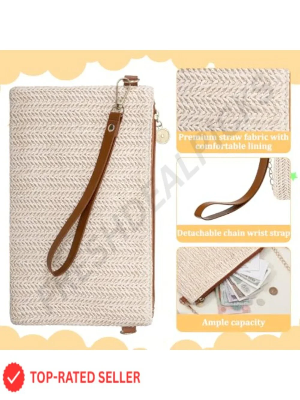 Hand-Woven Straw Clutch Wristlet Bag for Women Bohemian Travel Beach Purse